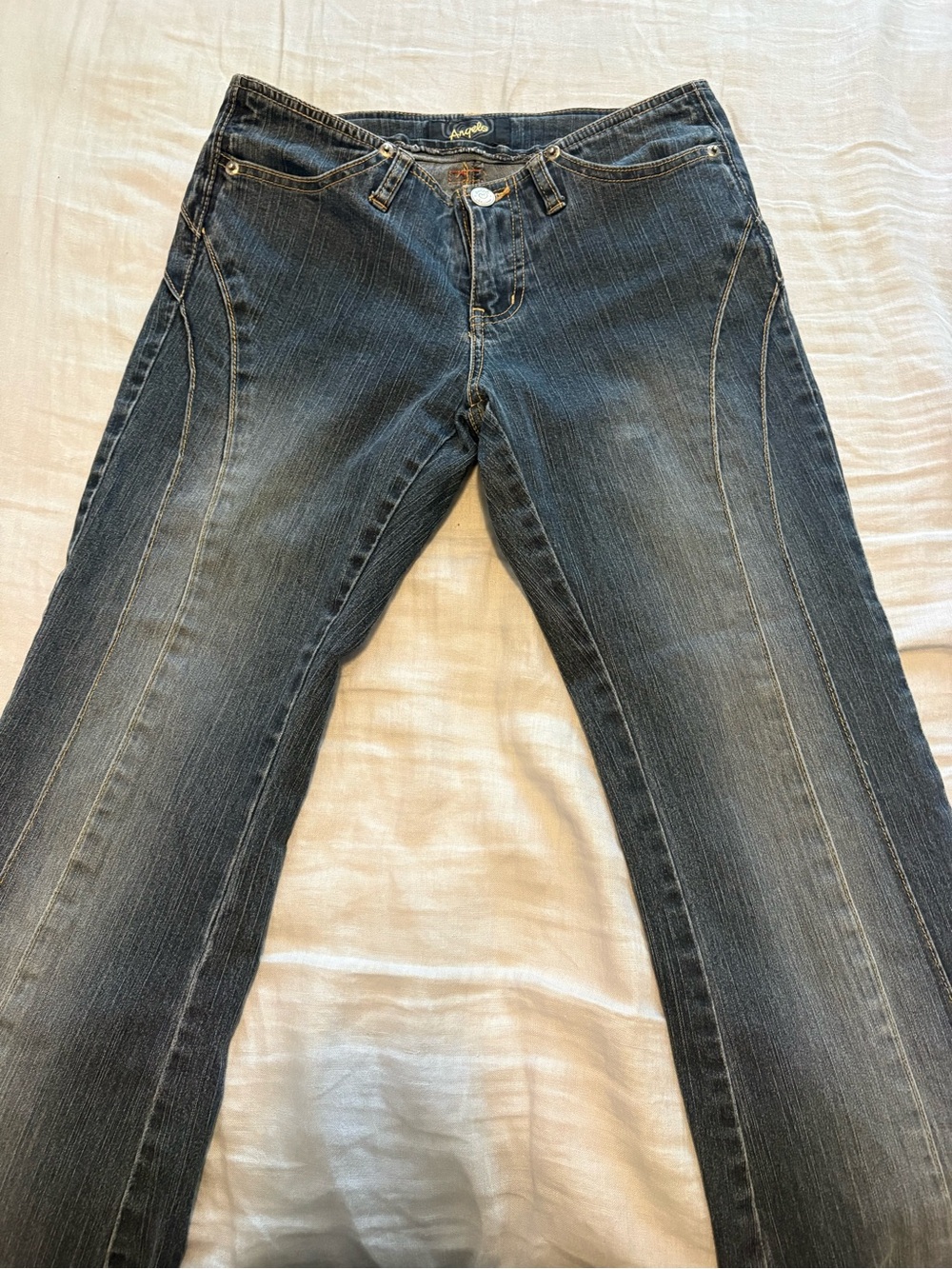 Vintage Angels Dark Wash Blue Low Rise Flare Bootcut Jeans with Stitch Detail